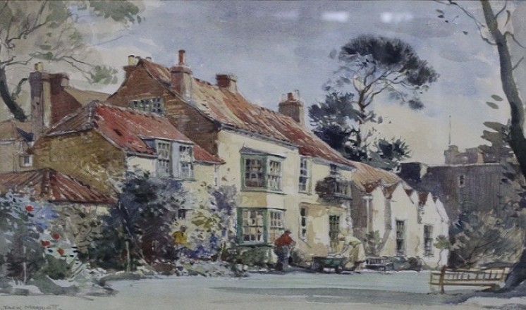 Somersby Rectory, birthplace of Alfred, Lord Tennyson. Watercolour on paper by Jack Merriott, circa 1955 (Usher Gallery)