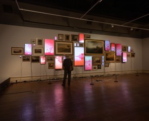 Evan Roth’s Red Lines with Landscapes at the Usher Gallery, 2019. Photograph by Jules Lister